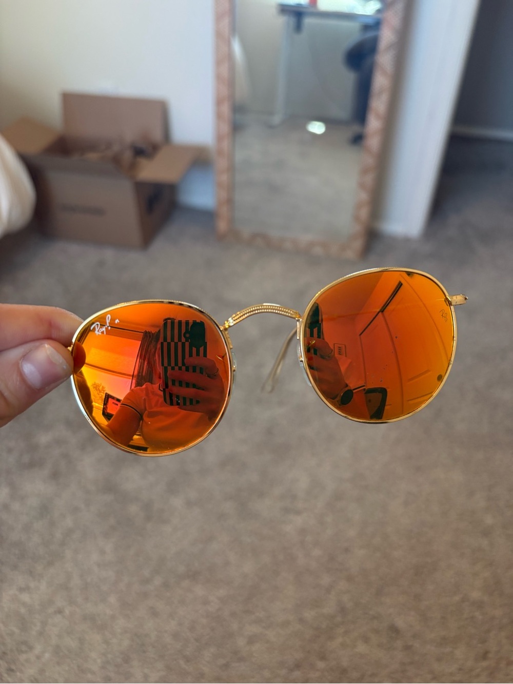 Ray-Ban Round Metal Sunglasses — Gold Frame with Orange Lenses